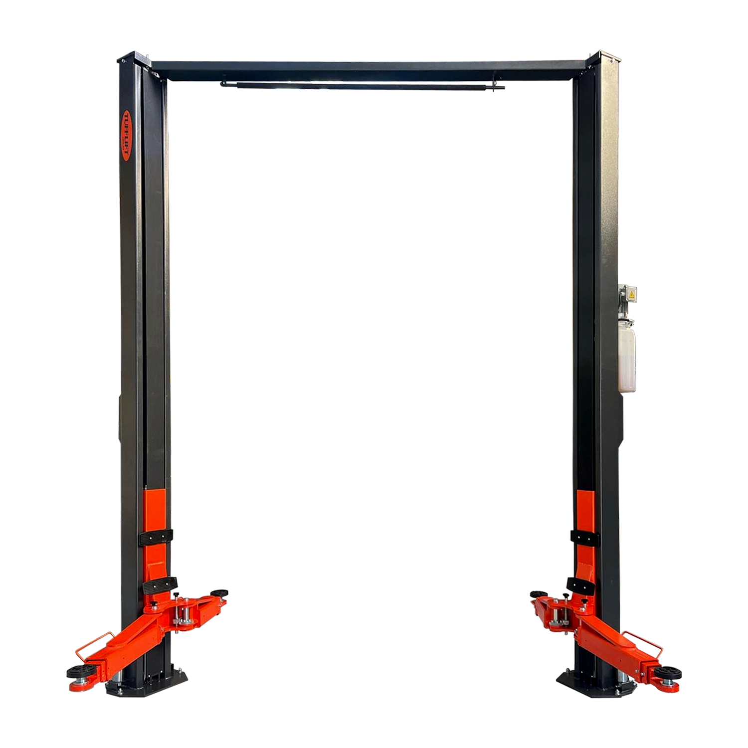 An unoccupied 2 post clear floor car hoist with charcoal grey posts and orange arms on a transparent background. - 2 Post Clear Floor - 5 Ton | EE-6215EKZ