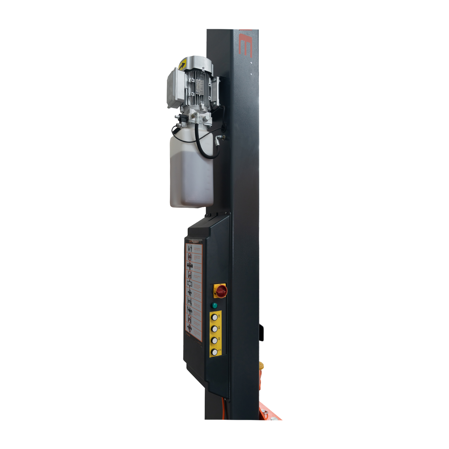 Close-up side view of a 2 post car hoist column featuring a hydraulic motor and control panel, used for lifting vehicles in professional automotive garages. - 2 Post Hoist – Low Profile Arms 85mm – Clear Floor – 4.2 Ton | EE-62C.42.T.LPA