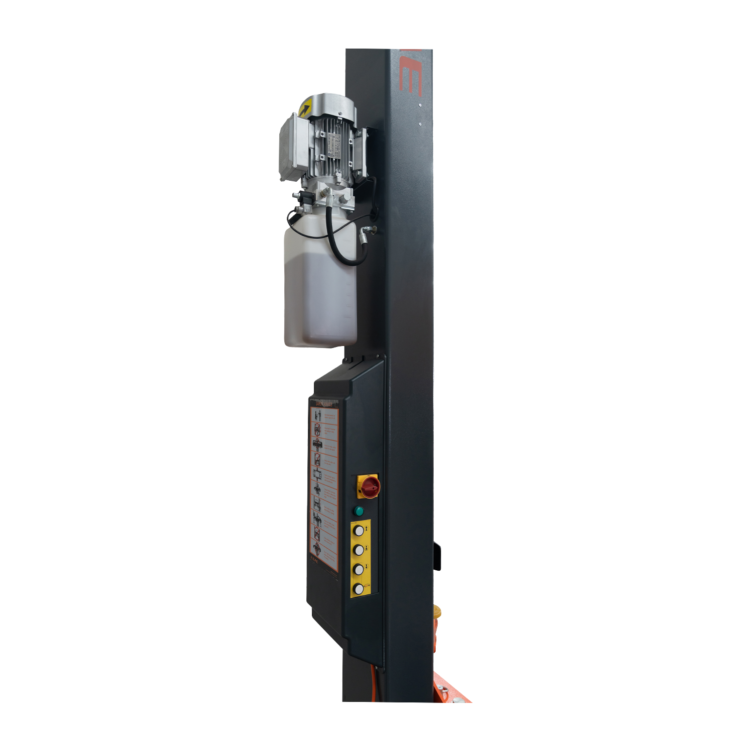 Close-up side view of a 2 post car hoist column featuring a hydraulic motor and control panel, used for lifting vehicles in professional automotive garages. - 2 Post Hoist – Low Profile Arms 85mm – Clear Floor – 4.2 Ton | EE-62C.42.T.LPA