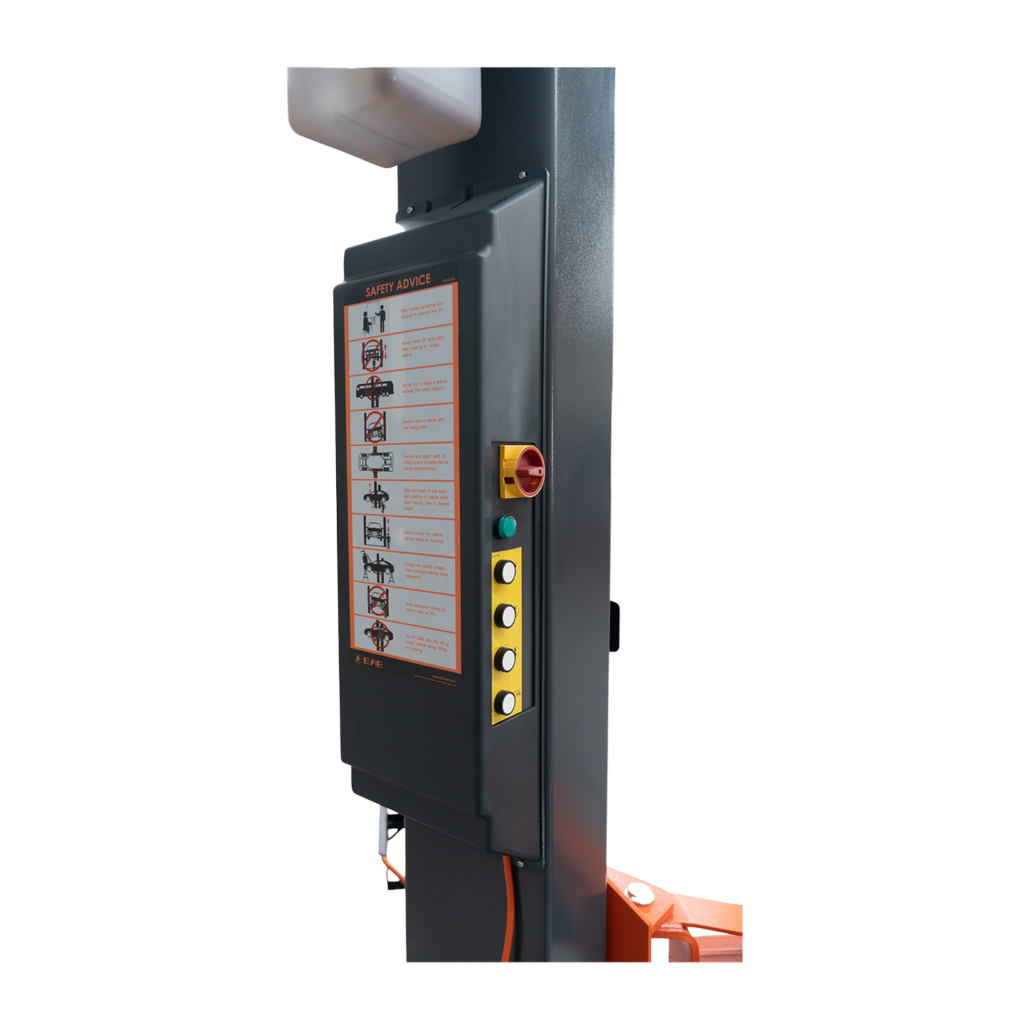 Close-up of the control panel on a 2 post car hoist, featuring safety advice and operational buttons for efficient and safe vehicle lifting in automotive workshops. - 2 Post Hoist – Low Profile Arms 85mm – Clear Floor – 4.2 Ton | EE-62C.42.T.LPA