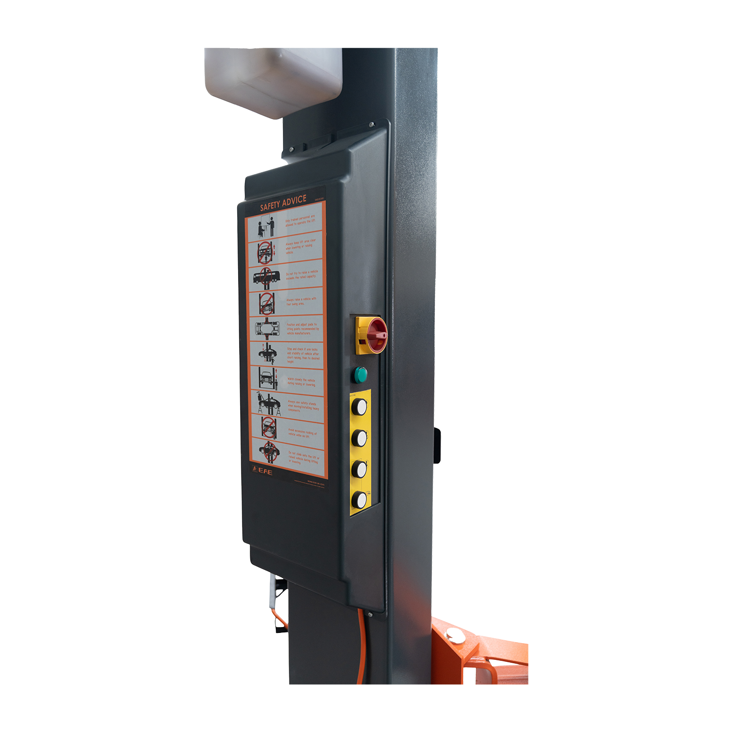 Close-up of the control panel on a 2 post car hoist, featuring safety advice and operational buttons for efficient and safe vehicle lifting in automotive workshops. - 2 Post Hoist – Low Profile Arms 85mm – Clear Floor – 4.2 Ton | EE-62C.42.T.LPA