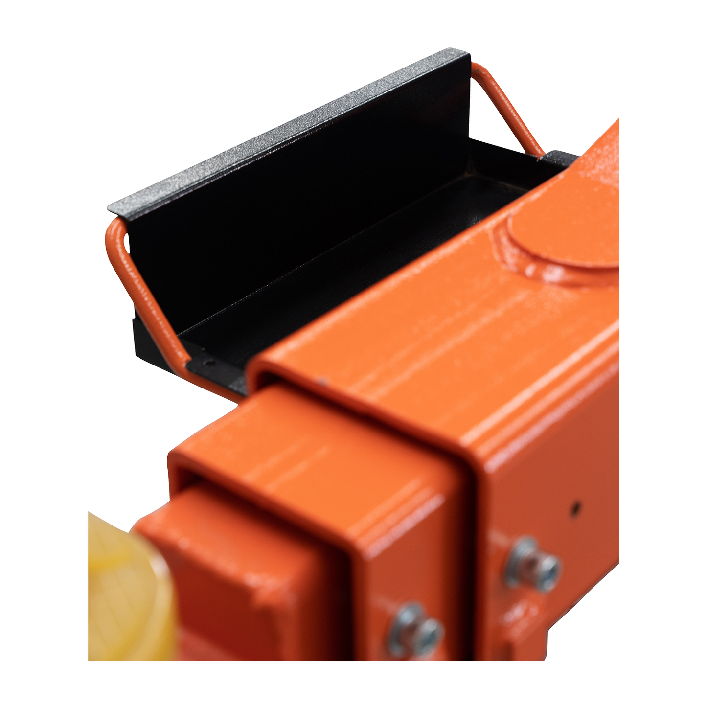 Close-up of the arm attachment on a 2 post car hoist, showcasing the robust orange metal structure and adjustable components for vehicle lifting. - 2 Post Hoist – Low Profile Arms 85mm – Clear Floor – 4.2 Ton | EE-62C.42.T.LPA