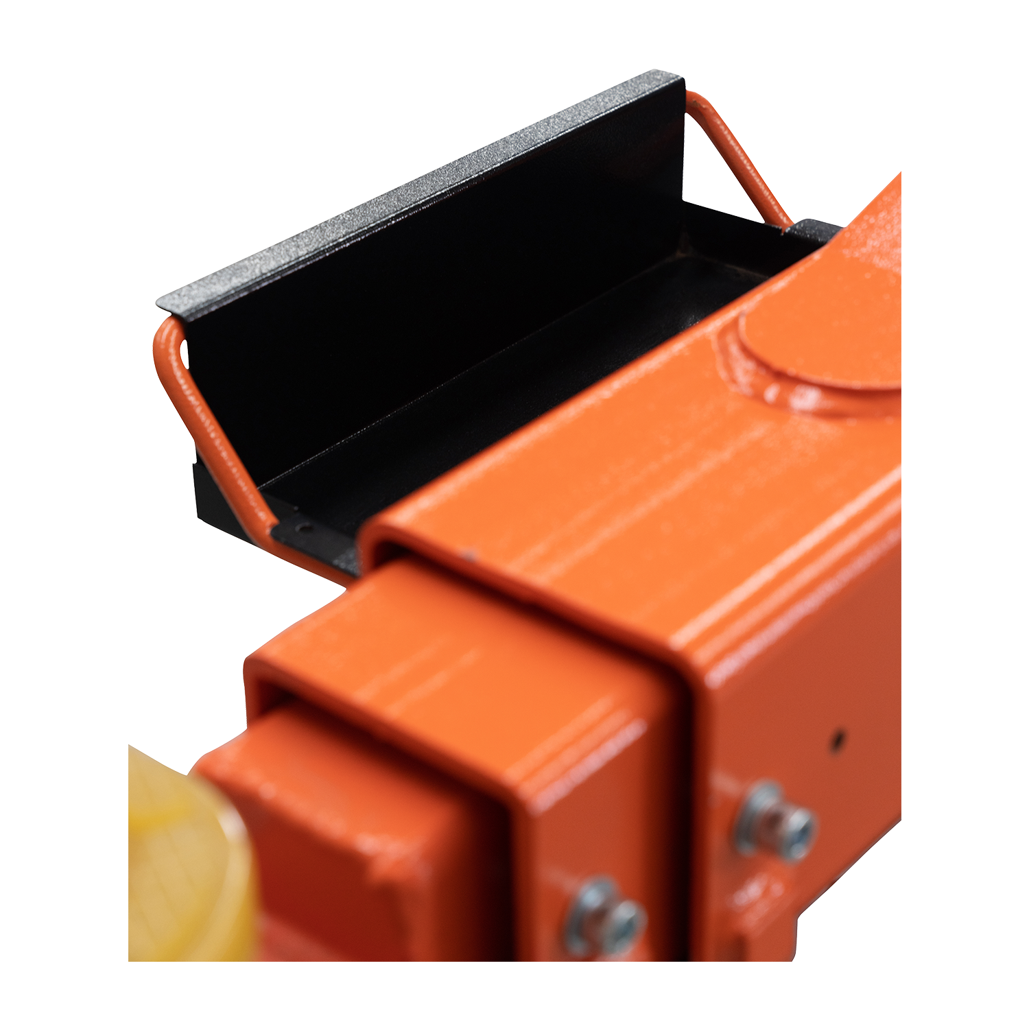 Close-up of the arm attachment on a 2 post car hoist, showcasing the robust orange metal structure and adjustable components for vehicle lifting. - 2 Post Hoist – Low Profile Arms 85mm – Clear Floor – 4.2 Ton | EE-62C.42.T.LPA