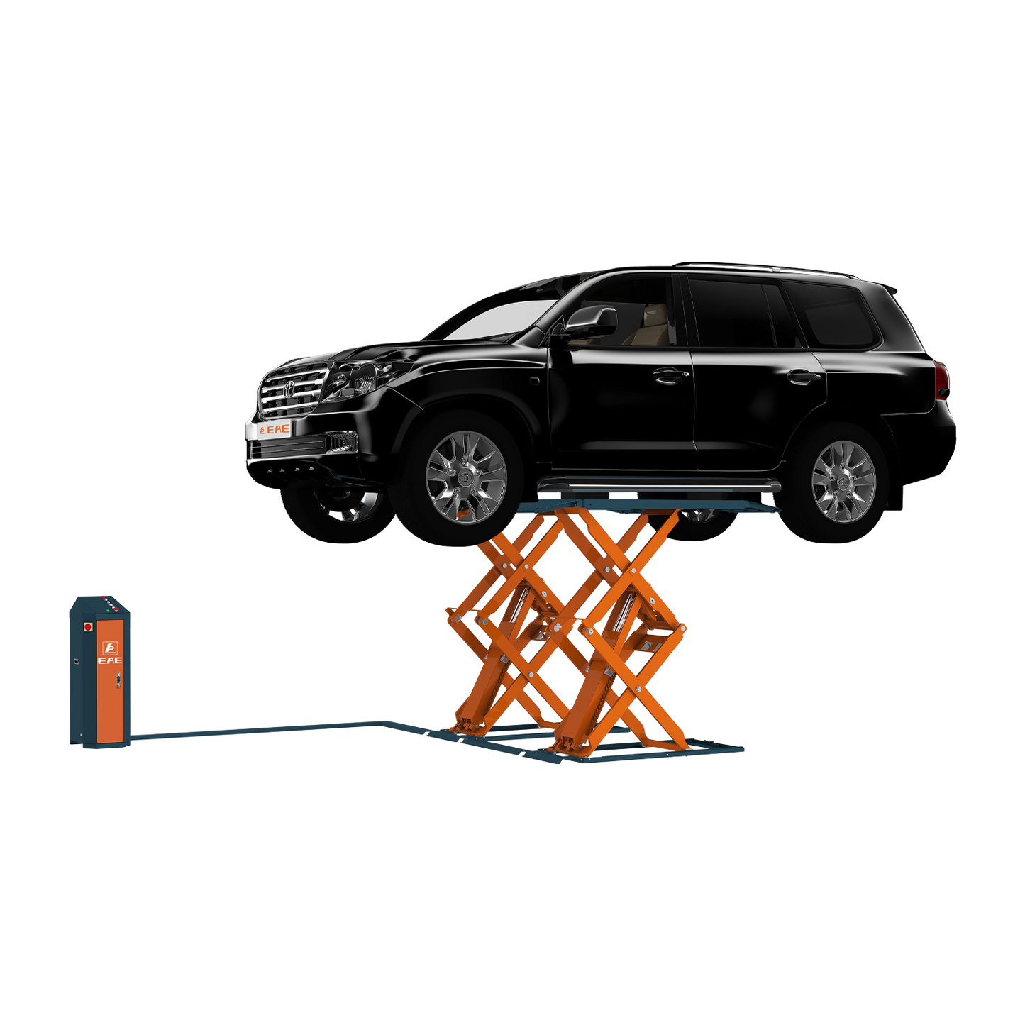 Black SUV elevated on an orange scissor lift, demonstrating the lift's capacity to handle large vehicles for maintenance and repairs.