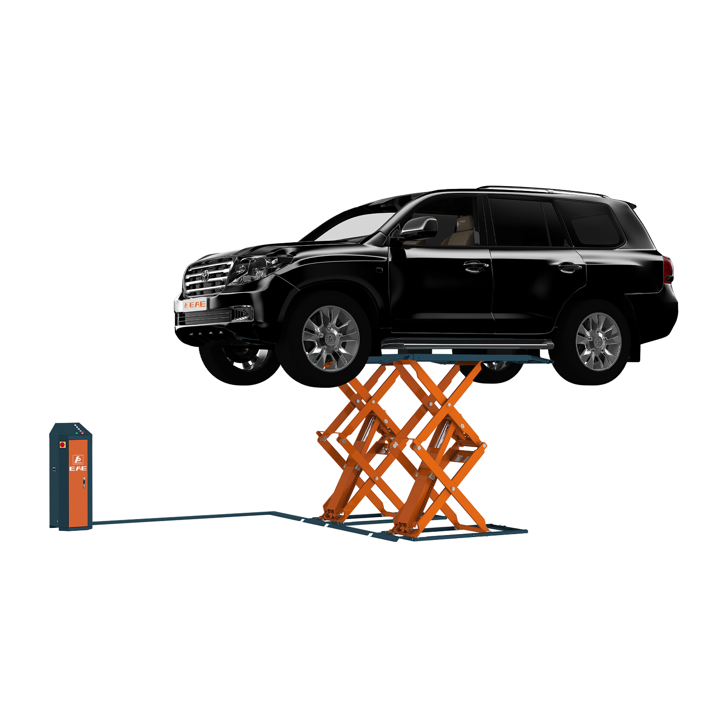 Black SUV elevated on an orange scissor lift, demonstrating the lift's capacity to handle large vehicles for maintenance and repairs.