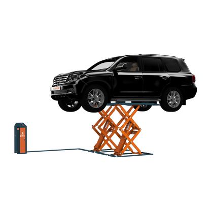 Black SUV elevated on an orange scissor lift, demonstrating the lift's capacity to handle large vehicles for maintenance and repairs.