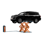 Black SUV elevated on an orange scissor lift, demonstrating the lift's capacity to handle large vehicles for maintenance and repairs.