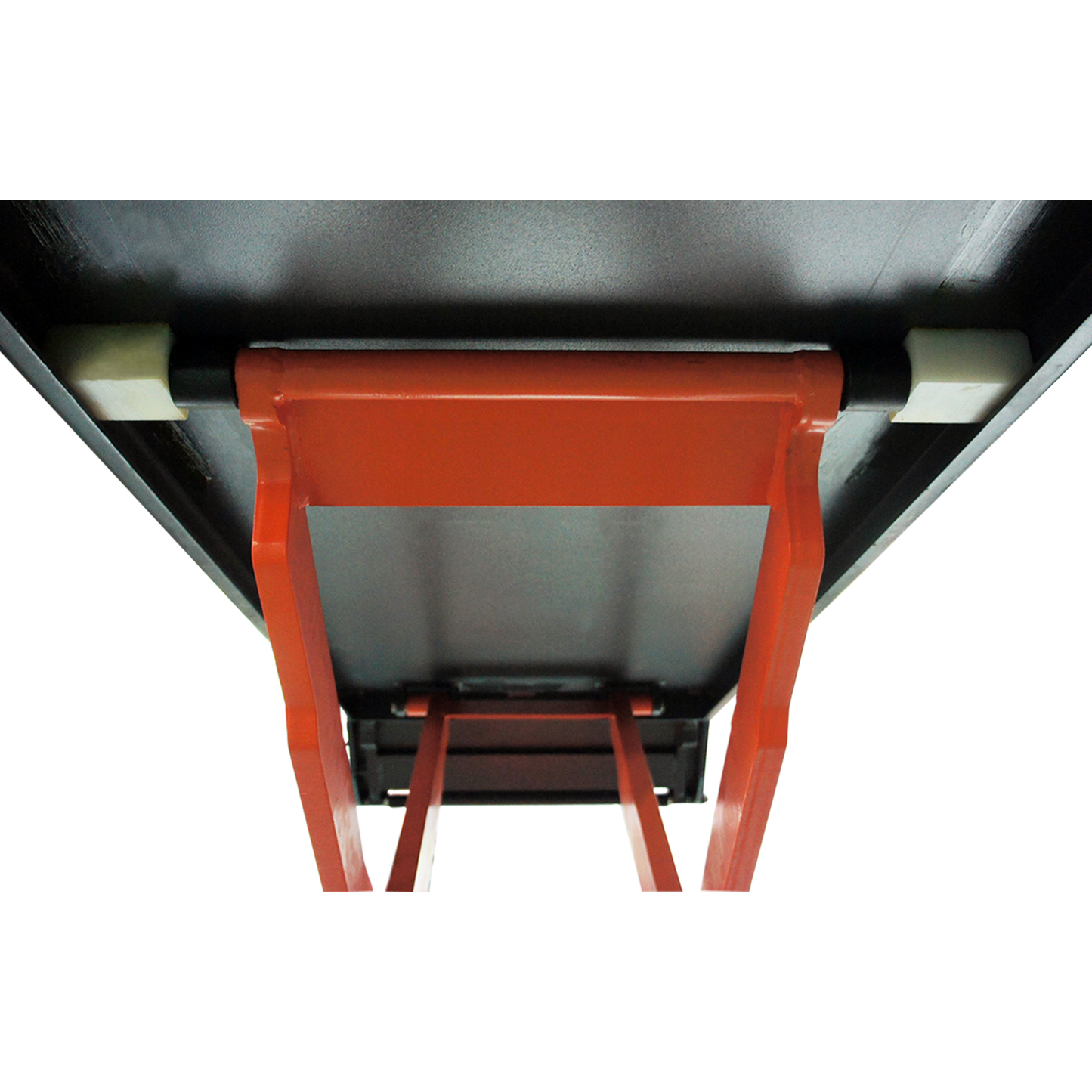 Close-up view of the underside of a scissor lift platform, showing the sturdy orange frame and support structure