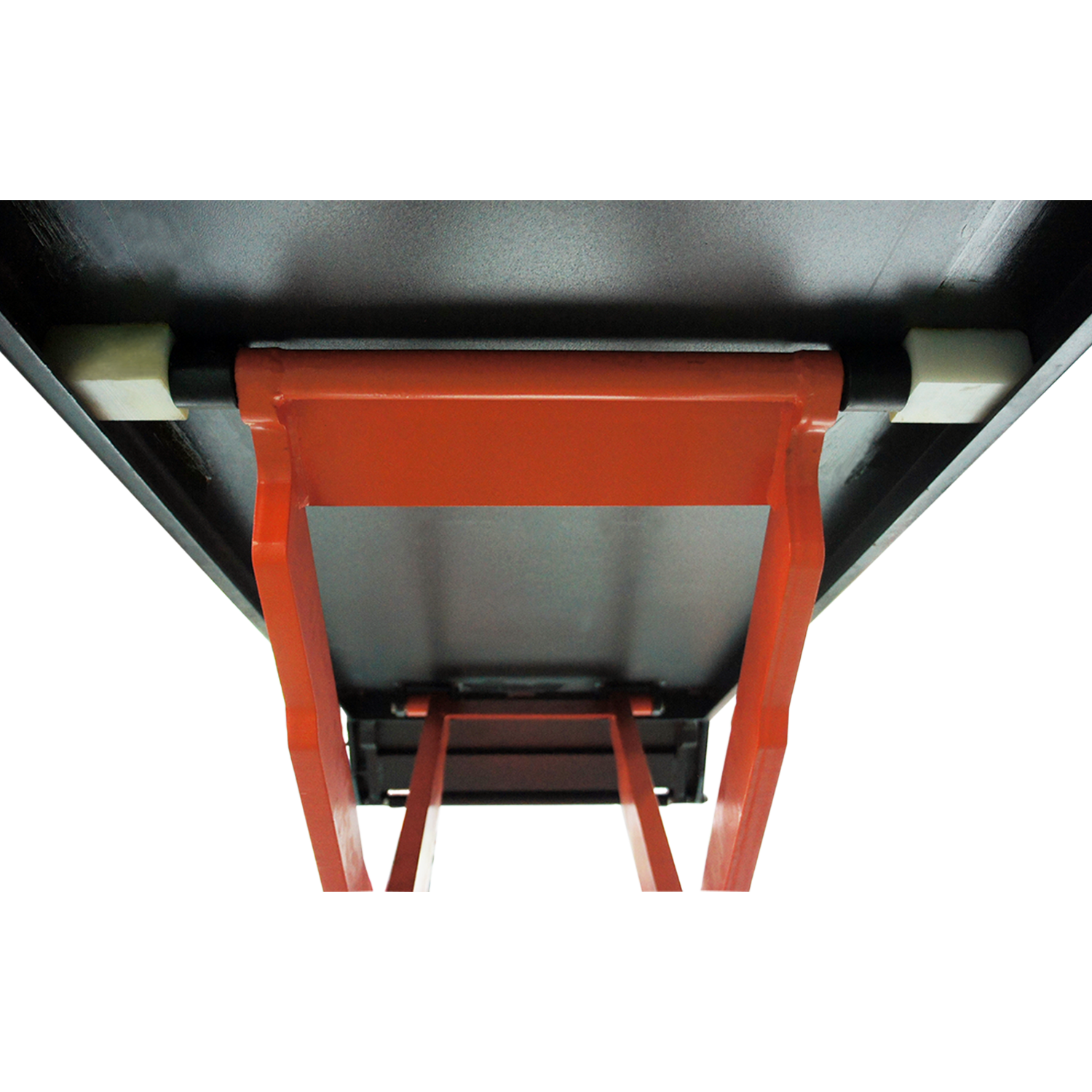 Close-up view of the underside of a scissor lift platform, showing the sturdy orange frame and support structure