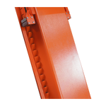 Close-up of the orange locking mechanism on a scissor lift, featuring a notched design for securing the lift at various heights. 