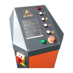 Control panel for a scissor lift, featuring buttons for raising and lowering the platform, along with emergency stop and power switches. 