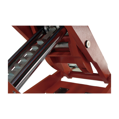 Close-up of the internal lifting mechanism of a scissor lift, featuring sturdy metal components and a notched rail for adjusting height. 