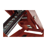 Close-up of the internal lifting mechanism of a scissor lift, featuring sturdy metal components and a notched rail for adjusting height. 