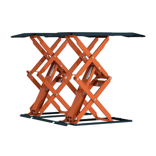 An orange EAE heavy-duty hydraulic scissor lift in a fully extended position. The lift features a double scissor mechanism for increased height and stability, designed for lifting large vehicles or equipment.