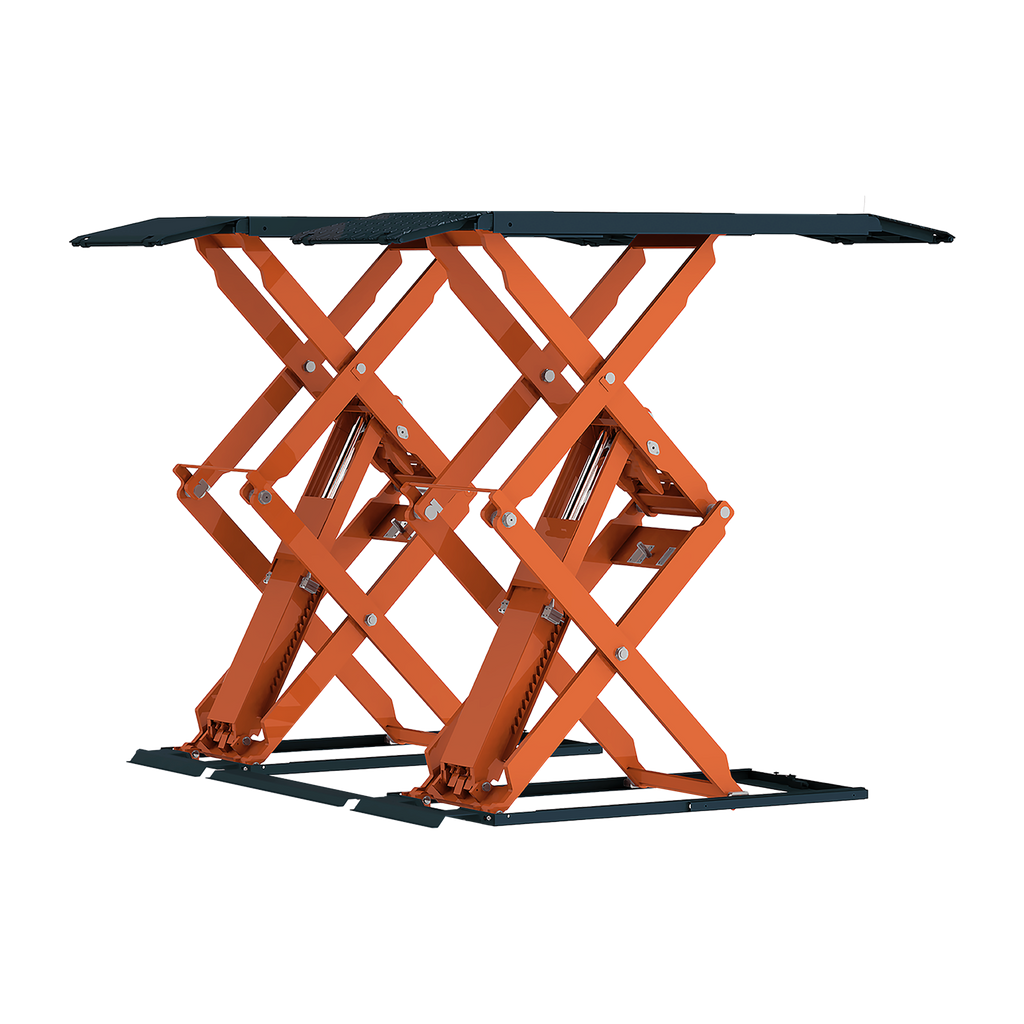 An orange EAE heavy-duty hydraulic scissor lift in a fully extended position. The lift features a double scissor mechanism for increased height and stability, designed for lifting large vehicles or equipment.