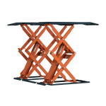 An orange EAE heavy-duty hydraulic scissor lift in a fully extended position. The lift features a double scissor mechanism for increased height and stability, designed for lifting large vehicles or equipment.