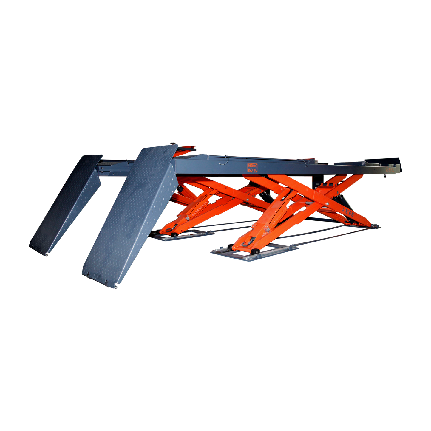 Alignment scissor lift with orange supports and black platforms, designed for precise vehicle alignment and lifting.