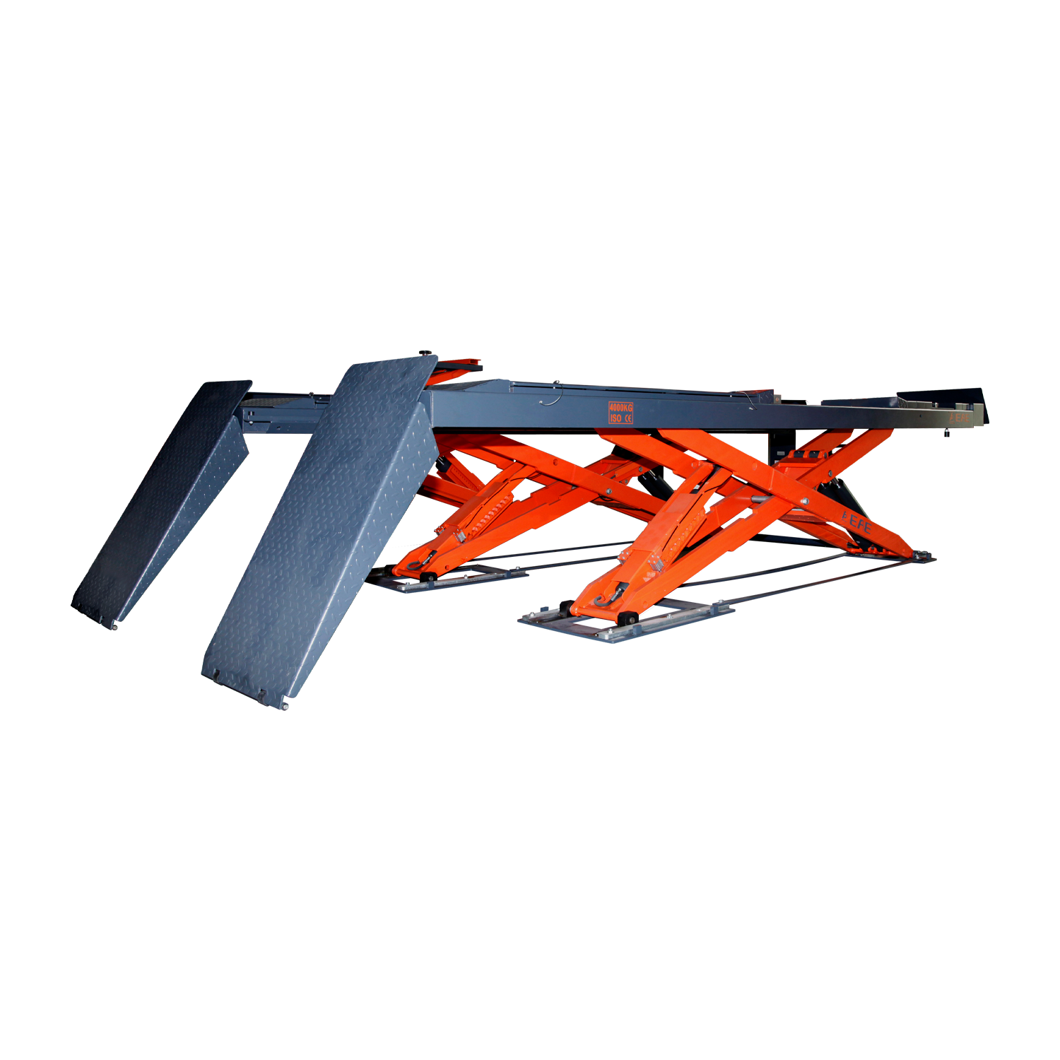 Alignment scissor lift with orange supports and black platforms, designed for precise vehicle alignment and lifting.