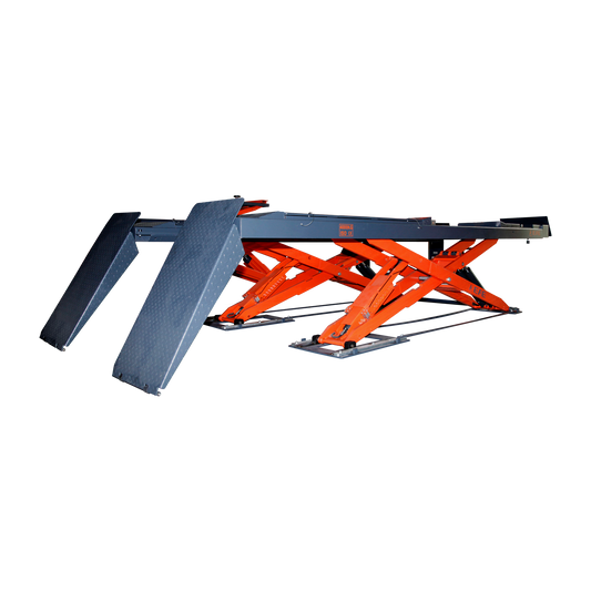 Alignment scissor lift with orange supports and black platforms, designed for precise vehicle alignment and lifting.