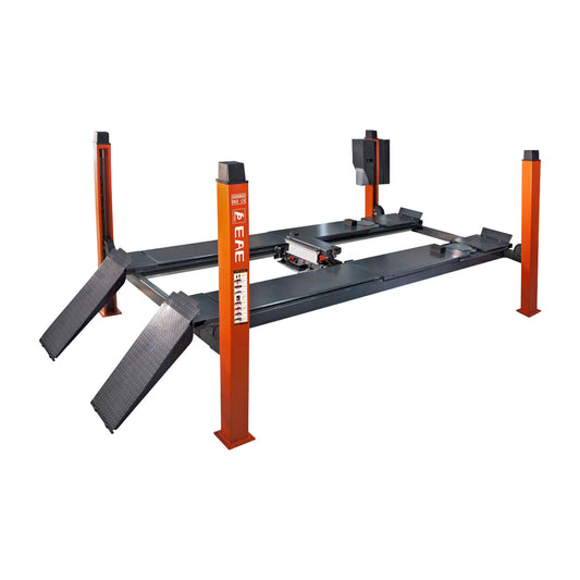 four-post wheel alignment hoist with orange posts and charcoal grey platforms and drive-on ramps. - 4 Post Wheel Alignment Hoist - 4 Ton | EE-6435V2.B.48L.40T