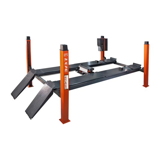 four-post wheel alignment hoist with orange posts and charcoal grey platforms and drive-on ramps. - 4 Post Wheel Alignment Hoist - 4 Ton | EE-6435V2.B.48L.40T