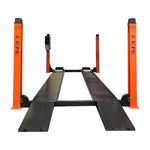 Front view of a four-post car lift with orange columns and drive-on ramps, designed for efficient vehicle servicing and maintenance. - 4 Post Wheel Alignment Hoist - 4 Ton | EE-6435V2.B.48L.40T