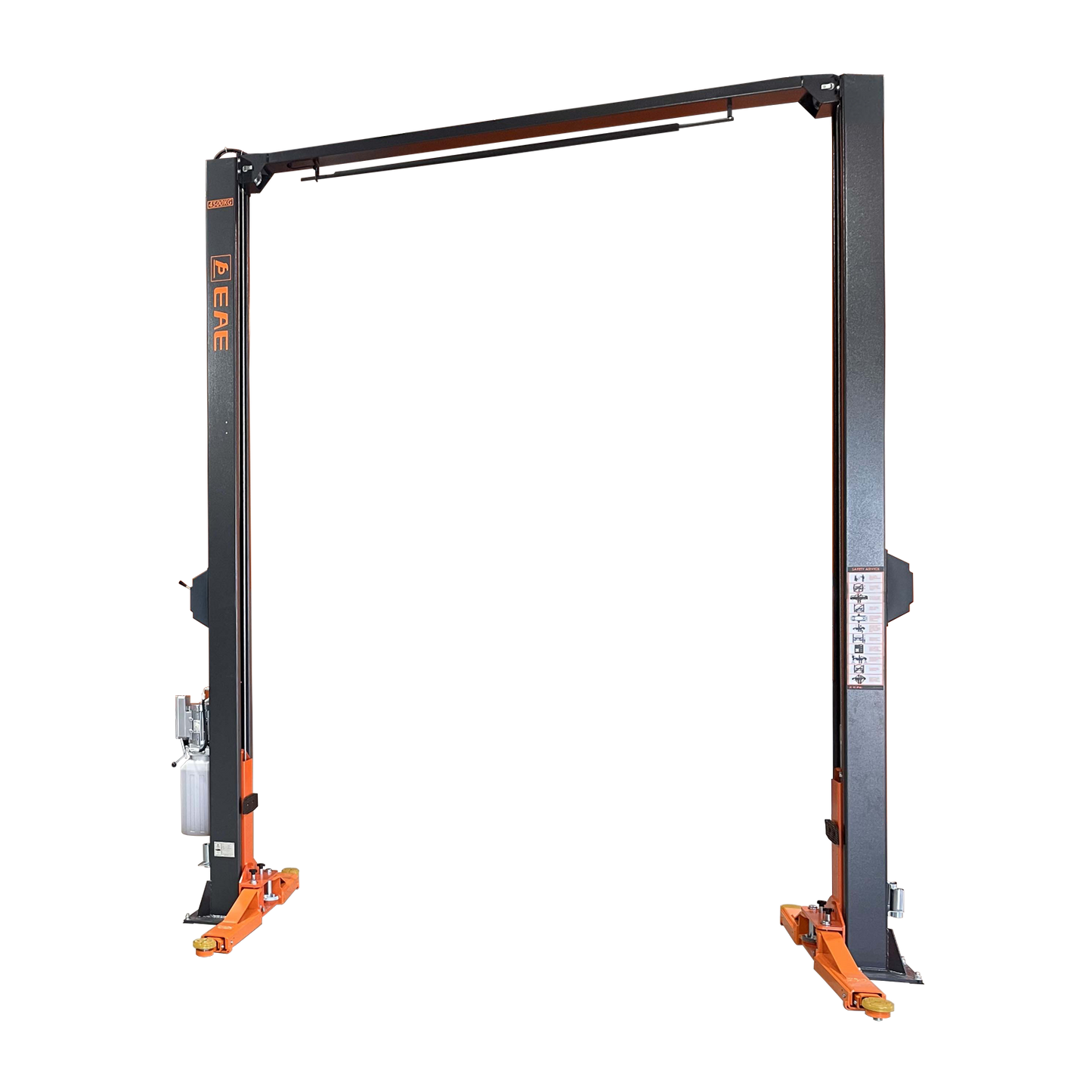 Freestanding 2 post clear floor car hoist with a dark grey frame and orange adjustable arms, designed for efficient vehicle lifting and maintenance in automotive workshops. - 2 Post Hoist Clear Floor - Extra High - 4.5 Ton | EE-C10-H