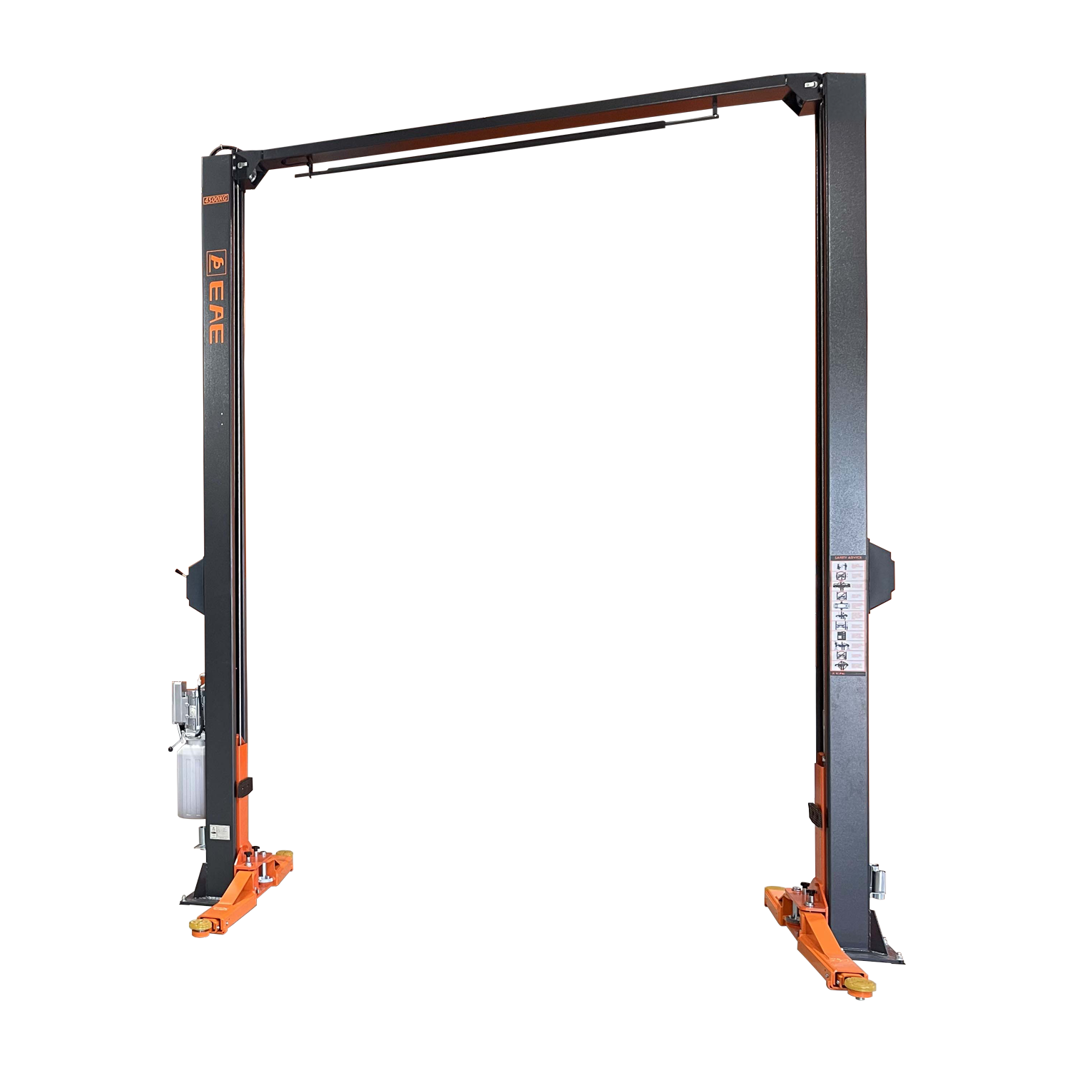 Freestanding 2 post clear floor car hoist with a dark grey frame and orange adjustable arms, designed for efficient vehicle lifting and maintenance in automotive workshops. - 2 Post Hoist Clear Floor - Extra High - 4.5 Ton | EE-C10-H