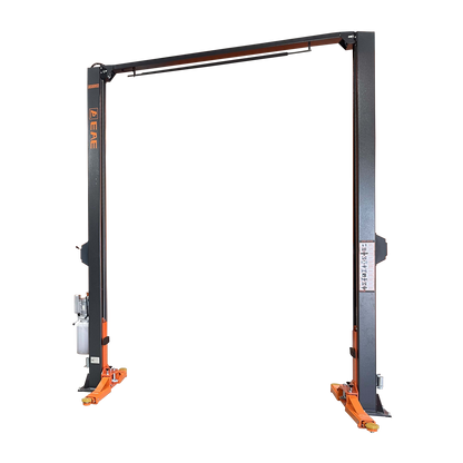 Freestanding 2 post clear floor car hoist with a dark grey frame and orange adjustable arms, designed for efficient vehicle lifting and maintenance in automotive workshops. - 2 Post Hoist Clear Floor - Extra High - 4.5 Ton | EE-C10-H