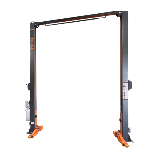 Freestanding 2 post clear floor car hoist with a dark grey frame and orange adjustable arms, designed for efficient vehicle lifting and maintenance in automotive workshops. - 2 Post Hoist Clear Floor - Extra High - 4.5 Ton | EE-C10-H