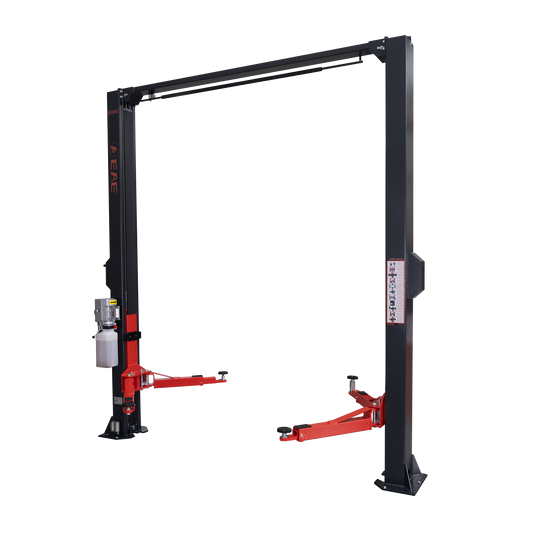 2-post car hoist by Tufflift Hoists with orange arms, grey posts, a visible hydraulic system, and adjustable low-profile arms for versatile vehicle lifting. - 2 Post Clear Floor Hoist - 4.5 Ton | EE-C10V2