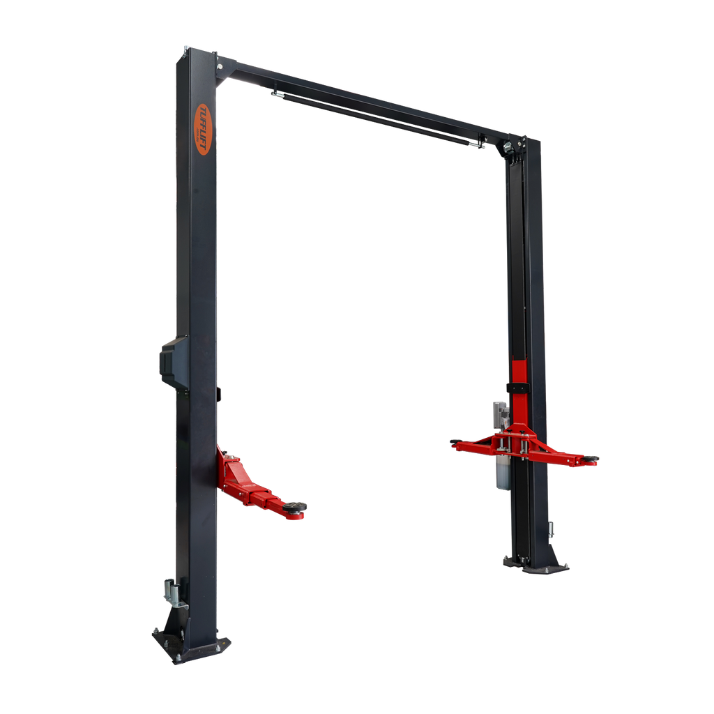 Tufflift two-post clear floor car hoist with low-profile arms. This heavy-duty vehicle lift features durable steel construction, an overhead beam for unobstructed floor space, and adjustable arms for versatile vehicle servicing. Ideal for automotive repairs, maintenance, and professional or home garage use.