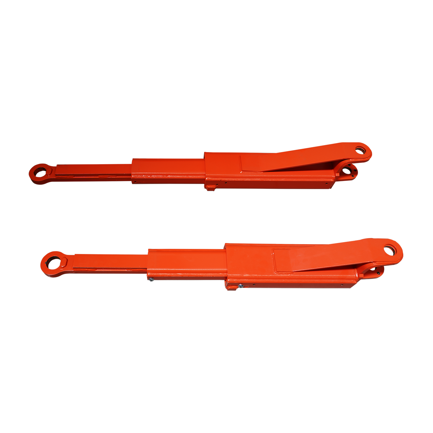 Two orange extension arms for a two post car hoist, shown side by side against a white background. - 2 Post Car Hoist - Low Profile Arms 85mm - Clear Floor - 4 Ton | EE-C9LPA