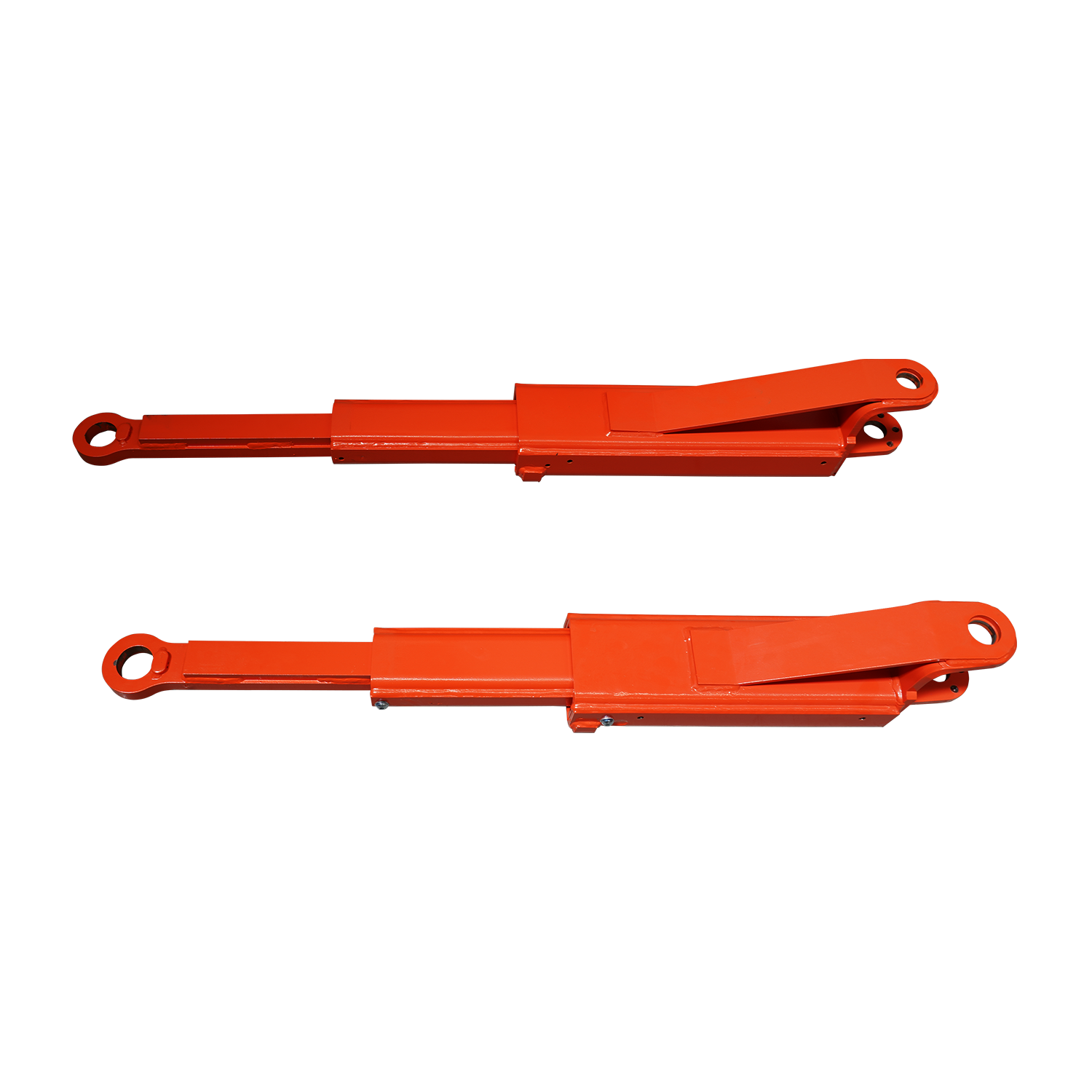 Two orange extension arms for a two post car hoist, shown side by side against a white background. - 2 Post Car Hoist - Low Profile Arms 85mm - Clear Floor - 4 Ton | EE-C9LPA