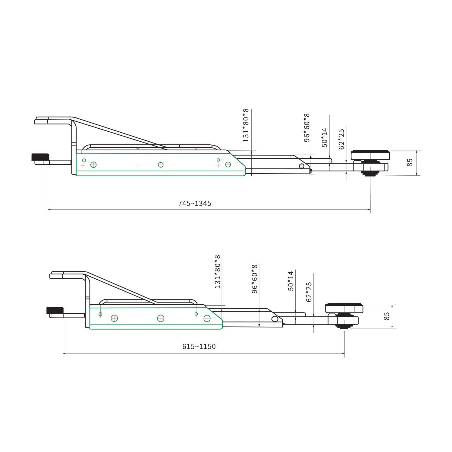 Technical drawing of two low profile extension arms for a twopost car hoist, showing measurements and dimensions for installation and adjustment. - 2 Post Car Hoist - Low Profile Arms 85mm - Clear Floor - 4 Ton | EE-C9LPA