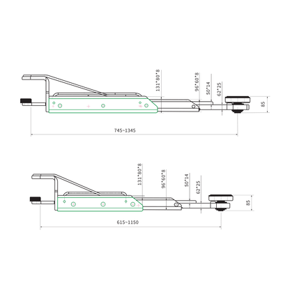 Technical drawing of two low profile extension arms for a twopost car hoist, showing measurements and dimensions for installation and adjustment. - 2 Post Car Hoist - Low Profile Arms 85mm - Clear Floor - 4 Ton | EE-C9LPA