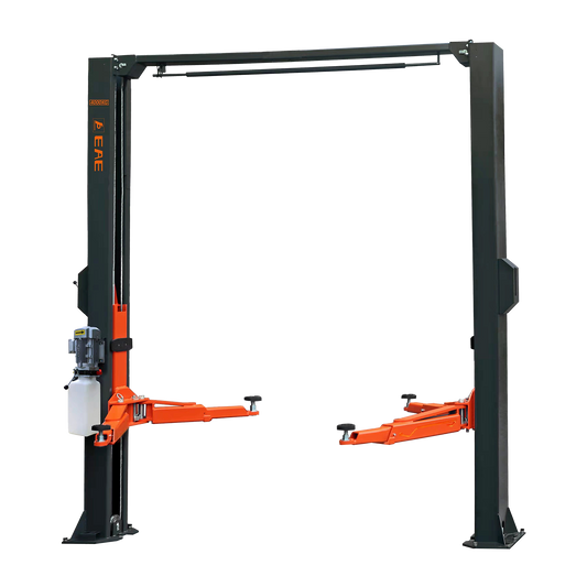 A 2 post car hoist with a clear floor design, featuring robust dark grey vertical columns and vibrant orange lifting arms, engineered for efficient vehicle lifting and workspace optimization. - 2 Post Car Hoist - Low Profile Arms 85mm - Clear Floor - 4 Ton | EE-C9LPA