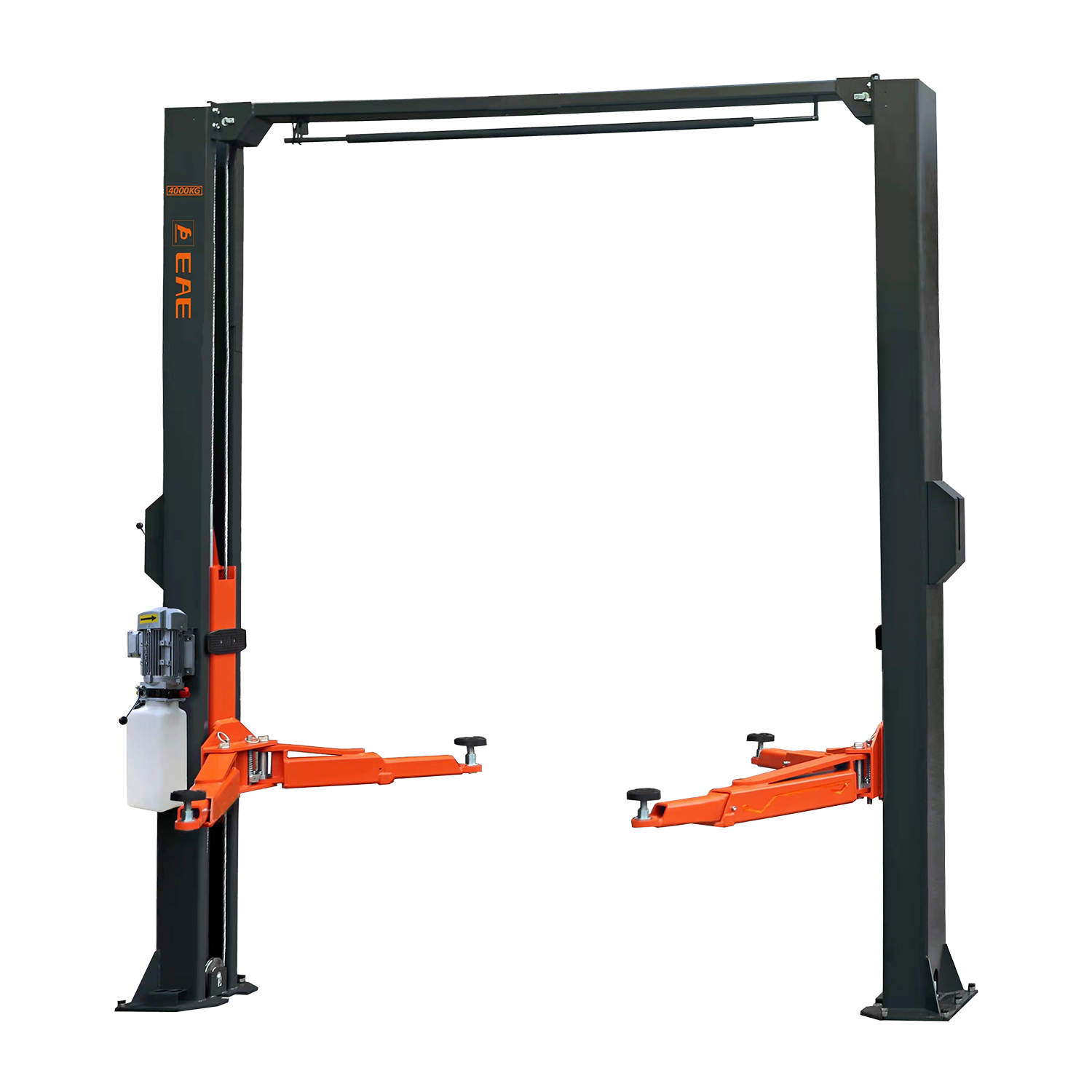 A 2 post car hoist with a clear floor design, featuring robust dark grey vertical columns and vibrant orange lifting arms, engineered for efficient vehicle lifting and workspace optimization. - 2 Post Clear Floor Hoist - 4 Ton | EE-C9