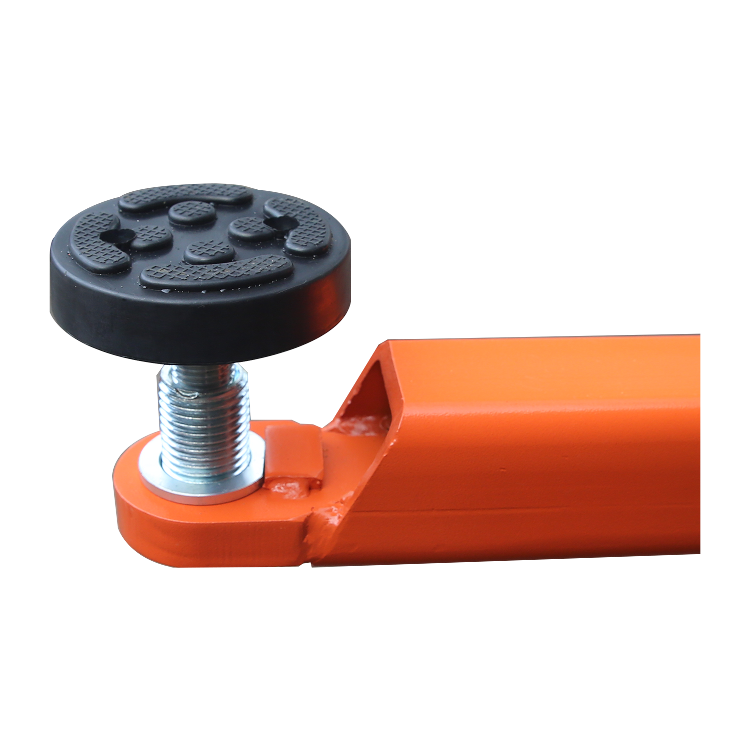 A close-up of a textured rubber pad on a screw mechanism, mounted on the arm of a car hoist, designed to securely support and protect the vehicle chassis during lifting. - 2 Post Baseplate Hoist - 4.5 Ton | EE-F10