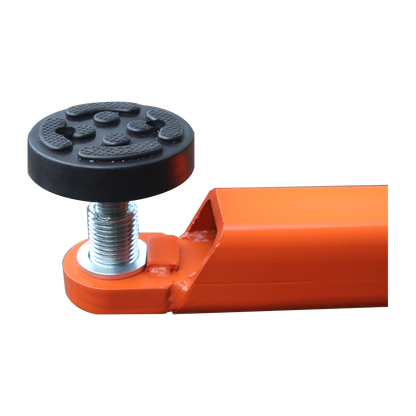 A close-up of a textured rubber pad on a screw mechanism, mounted on the arm of a car hoist, designed to securely support and protect the vehicle chassis during lifting. - 2 Post Baseplate Hoist - 4.5 Ton | EE-F10