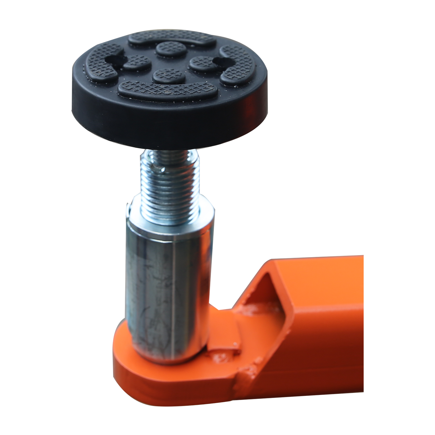 A close-up of a textured rubber pad and adapter, mounted on the arm of a car hoist. - 2 Post Baseplate Hoist - 4.5 Ton | EE-F10