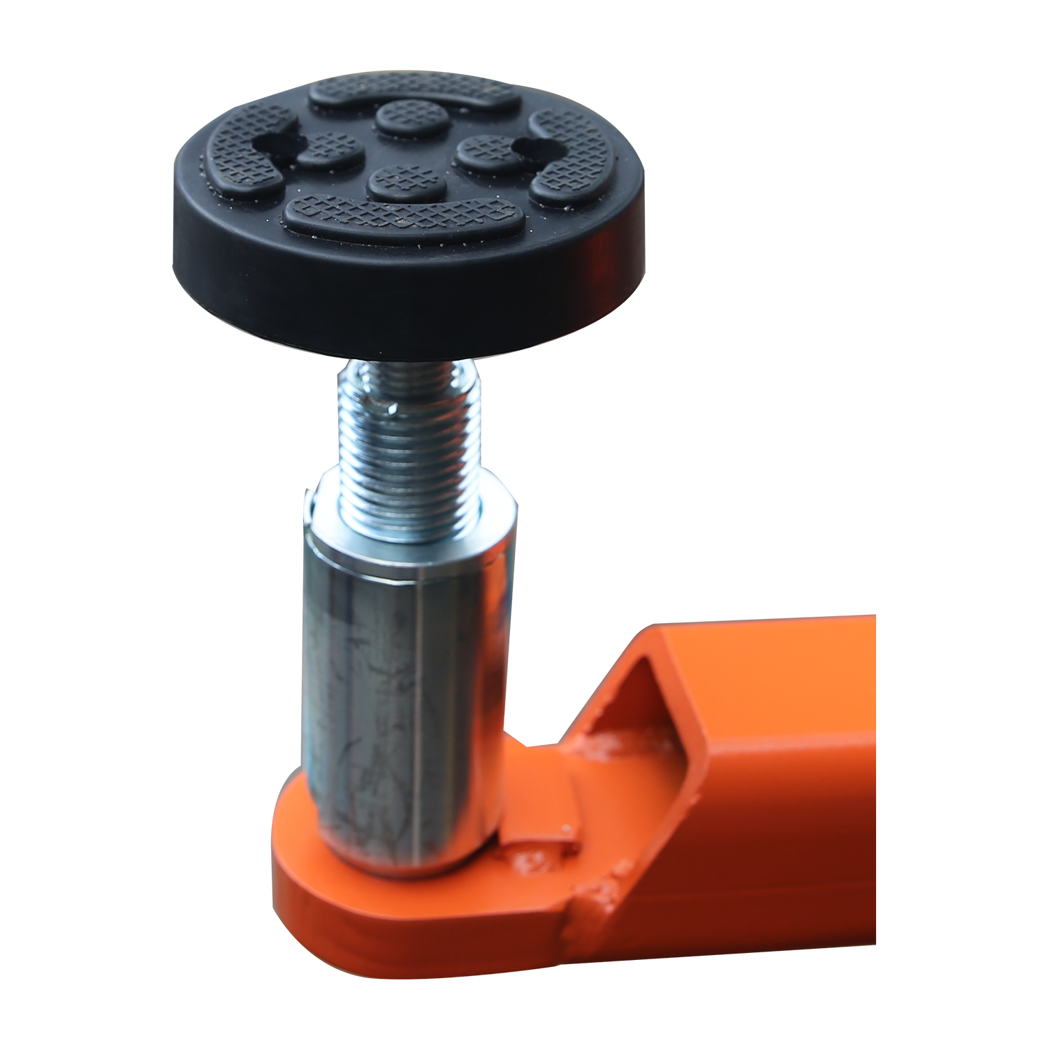 A close-up of a textured rubber pad and adapter, mounted on the arm of a car hoist. - 2 Post Baseplate Hoist - 4.5 Ton | EE-F10