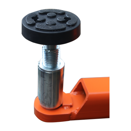 A close-up of a textured rubber pad and adapter, mounted on the arm of a car hoist. - 2 Post Baseplate Hoist - 4.5 Ton | EE-F10