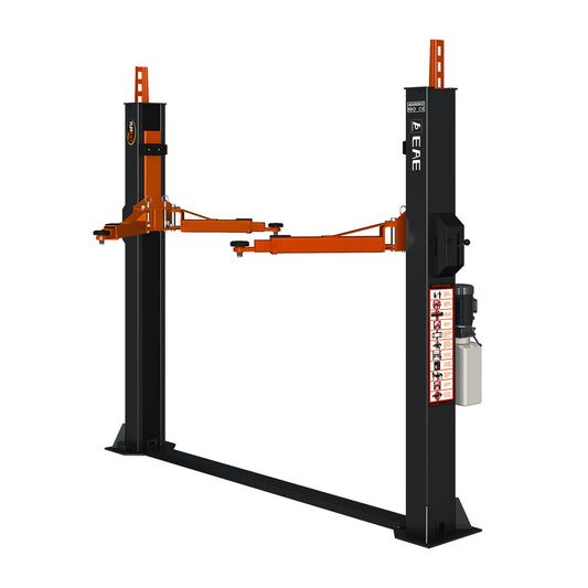 Isolated image of a Tufflift 2 post baseplate car hoist with grey posts and orange arms. - 2 Post Baseplate Hoist - 4 Ton | EE-F9