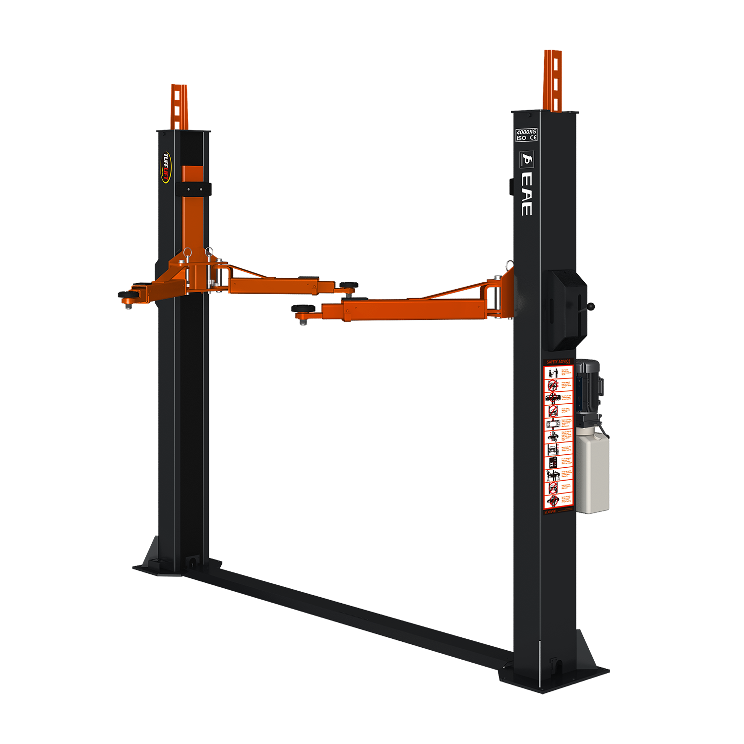 Isolated image of a Tufflift 2 post baseplate car hoist with grey posts and orange arms. - 2 Post Baseplate Hoist - 4 Ton | EE-F9