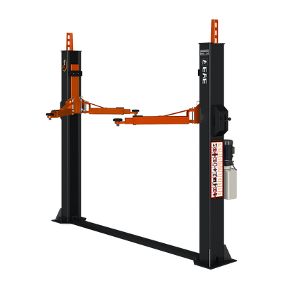 Isolated image of a Tufflift 2 post baseplate car hoist with grey posts and orange arms. - 2 Post Baseplate Hoist - 4 Ton | EE-F9