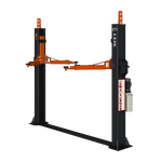 Isolated image of a Tufflift 2 post baseplate car hoist with grey posts and orange arms. - 2 Post Baseplate Hoist - 4 Ton | EE-F9