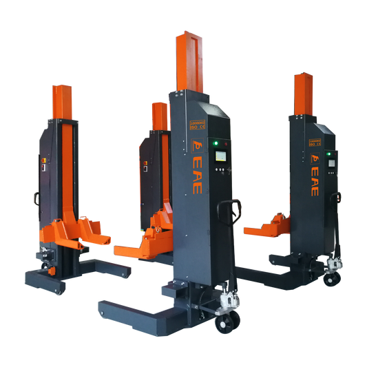 Three mobile column lifts with orange arms and black bodies, designed for lifting heavy vehicles.