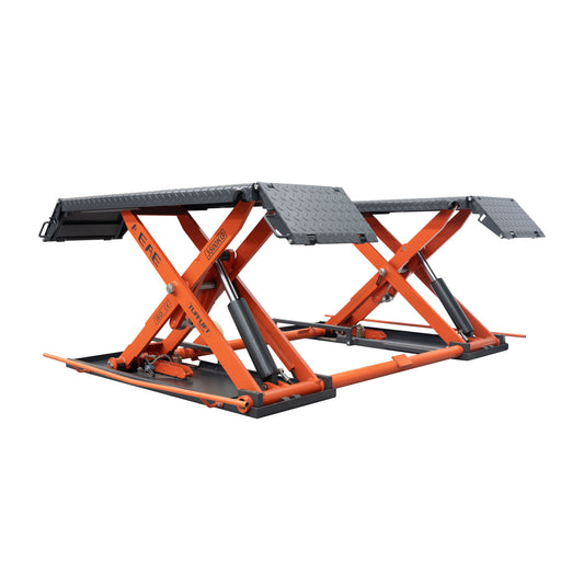 An orange EAE hydraulic scissor lift, model MR35, in an elevated position. The lift showcases dual platforms with textured metal ramps and a lifting capacity of 3500kg, as labeled on the frame.