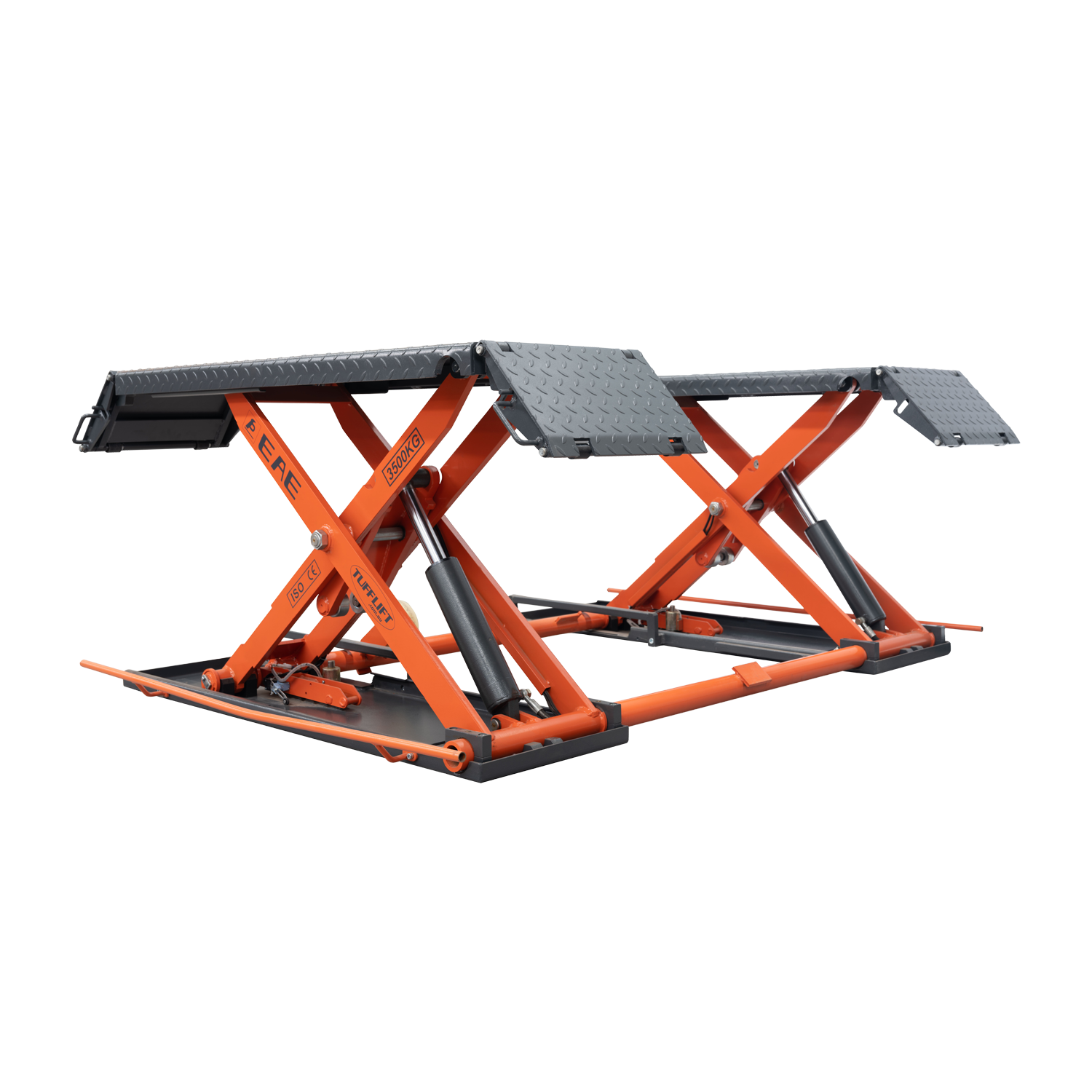 An orange EAE hydraulic scissor lift, model MR35, in an elevated position. The lift showcases dual platforms with textured metal ramps and a lifting capacity of 3500kg, as labeled on the frame.